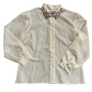 Vintage 80s Cream Paisley Embroidered Plus Sized Blouse XL